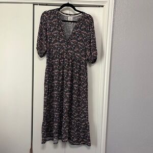 Knox Rose Women's Black Floral Print V Neck Short Sleeve Midi Dress Size M